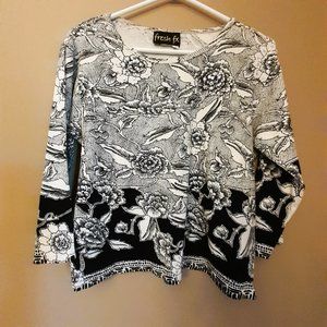 BOGO - FRESH FX 3/4 sleeve black white floral bling top Size L